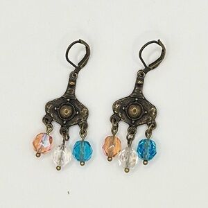 Antique Brass Chandelier Earrings with Multi-Color Crystal Beads